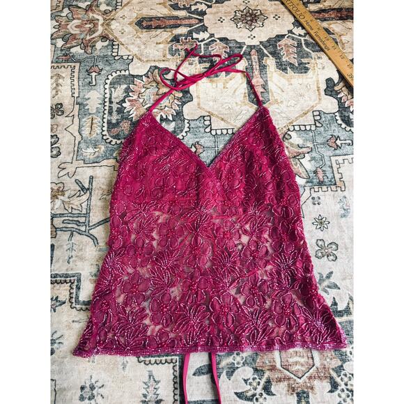 Vintage Hand Beaded y2k Open Back Tie Top Crop Pink Floral Halter Tank Medium - Picture 1 of 16